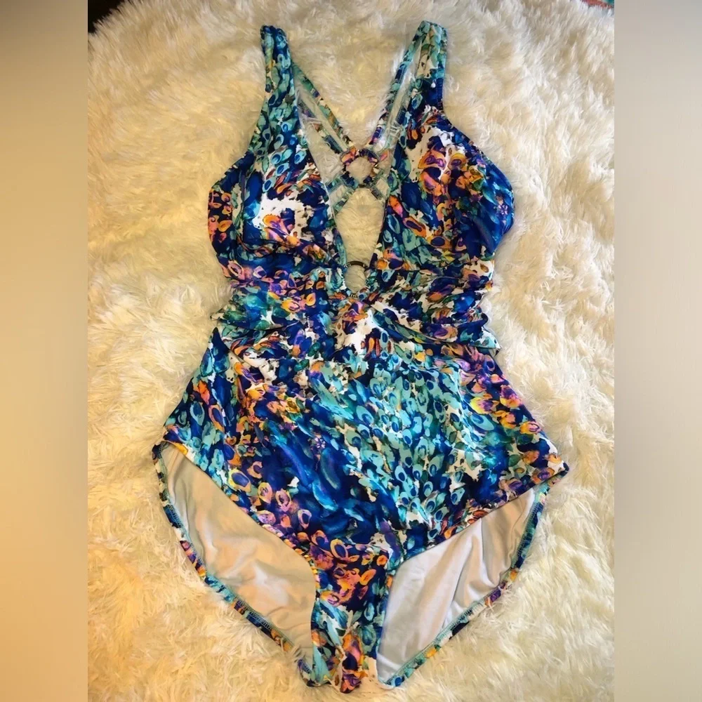 VENUS Blue and Orange One Piece Swimsuit with Plunging V-neckline
